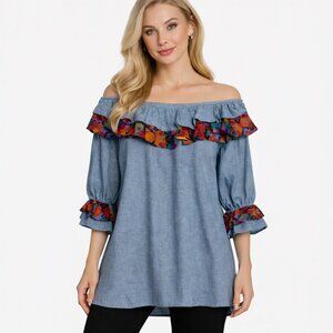 Vintage Pioneer Wear Southwest Ruffle Chambray Blouse Top Size Medium aztec